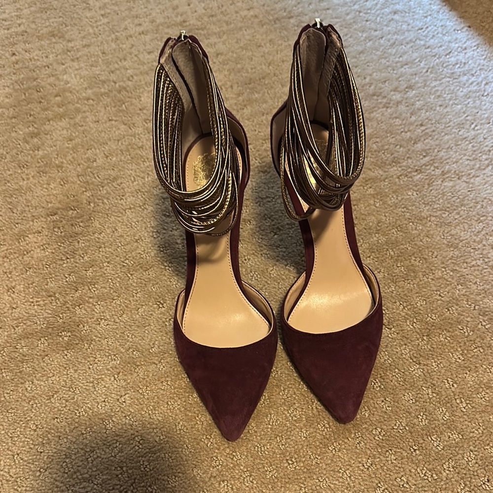 Vince Camuto Burgundy and Gold Heels with Strappy Design